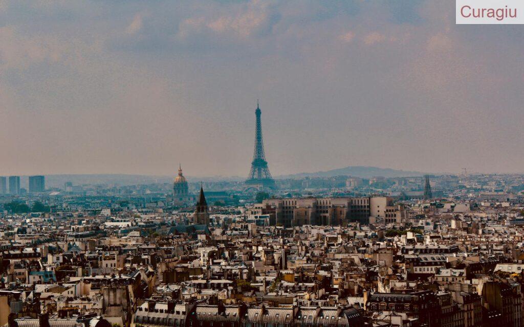 Explore the stunning panoramic cityscape of Paris with the iconic Eiffel Tower rising above the urban landscape.