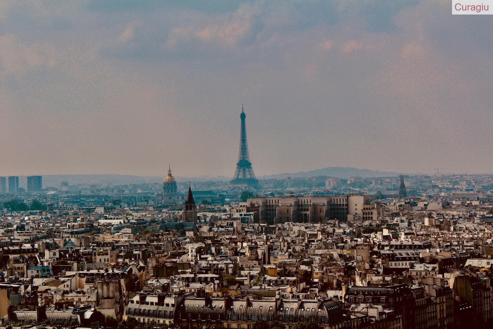 Explore the stunning panoramic cityscape of Paris with the iconic Eiffel Tower rising above the urban landscape.