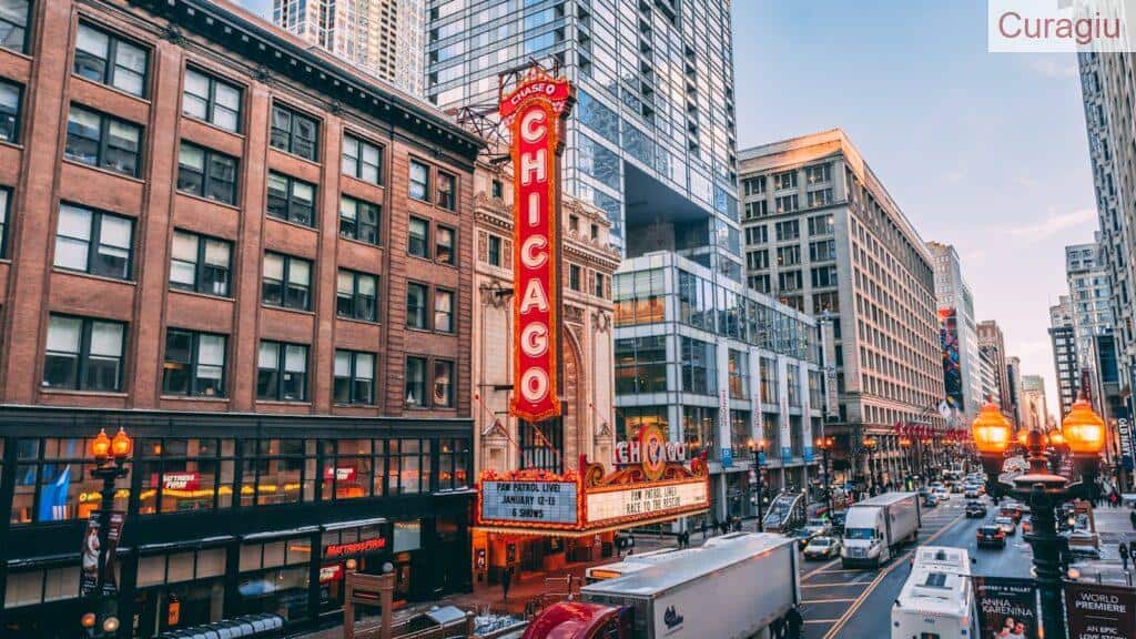 Bustling downtown Chicago street featuring iconic Chicago Theatre on a lively evening.