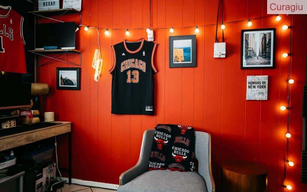 Cozy indoor space with Chicago Bulls memorabilia and vibrant red walls.