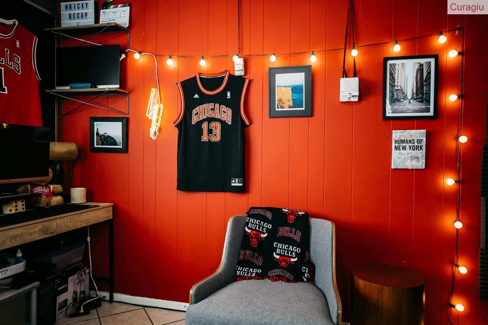 Cozy indoor space with Chicago Bulls memorabilia and vibrant red walls.