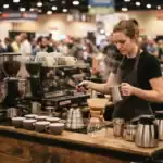 Barra de café preparada para atender a los asistentes de un evento