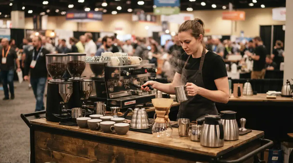 Barra de café preparada para atender a los asistentes de un evento