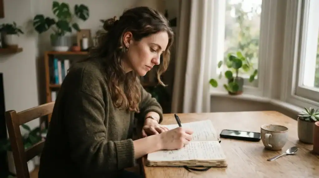 Persona escribiendo para observar su diálogo interno y mejorar su autoestima