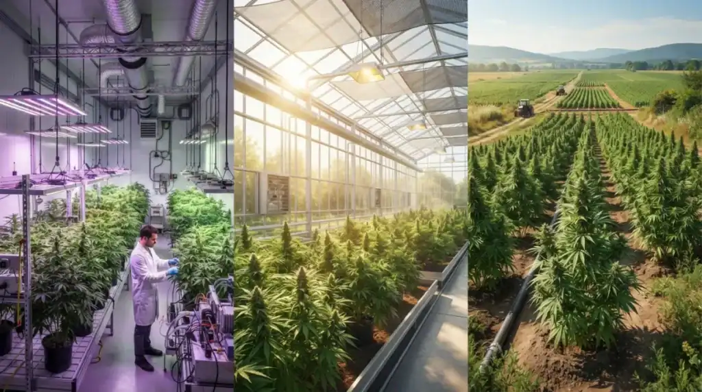 Diferencias visuales entre cultivo CBD indoor, greenhouse y outdoor
